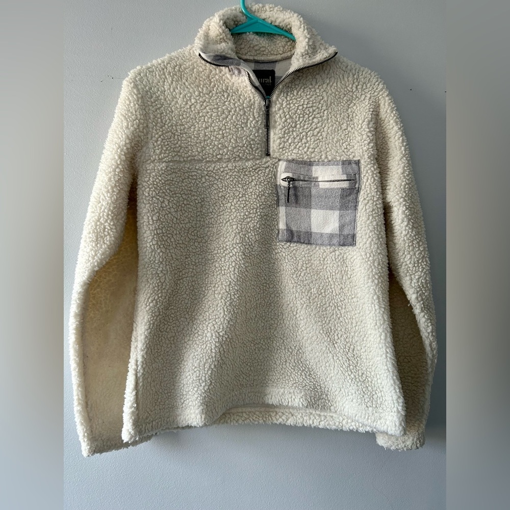 Fuzzy cream and gray plaid quarter zip